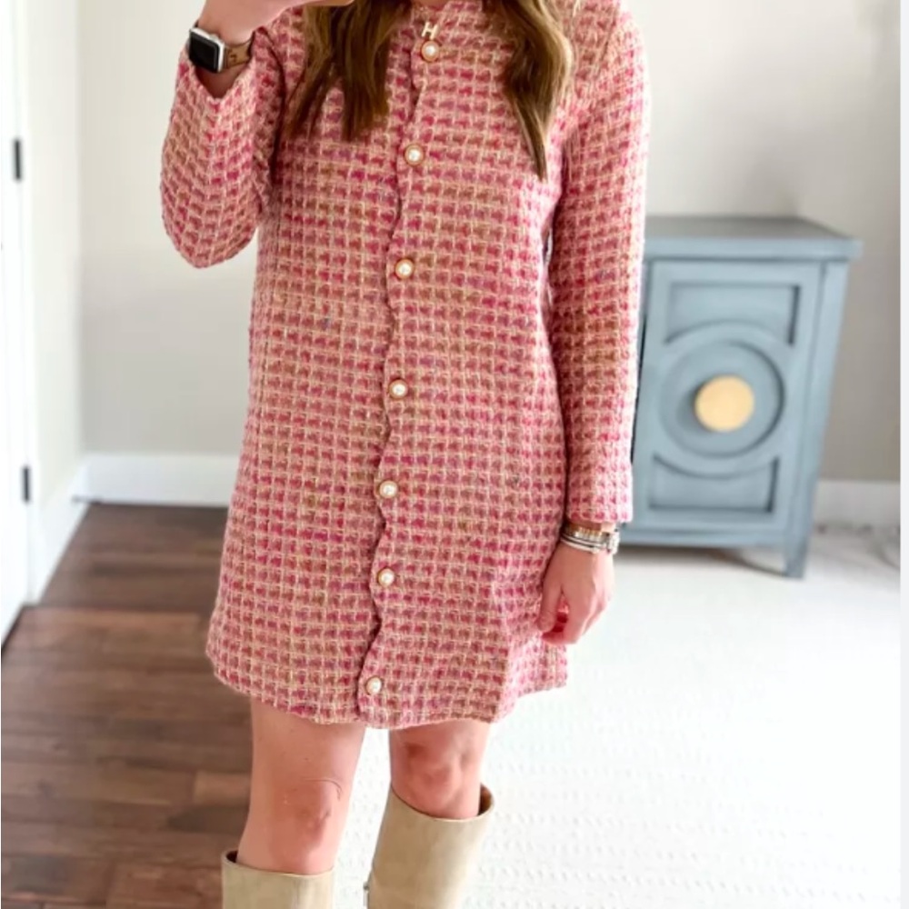 Aura Pink Long Sleeve Tweed Buttoned Shirt Dress with Peter Pan Collar